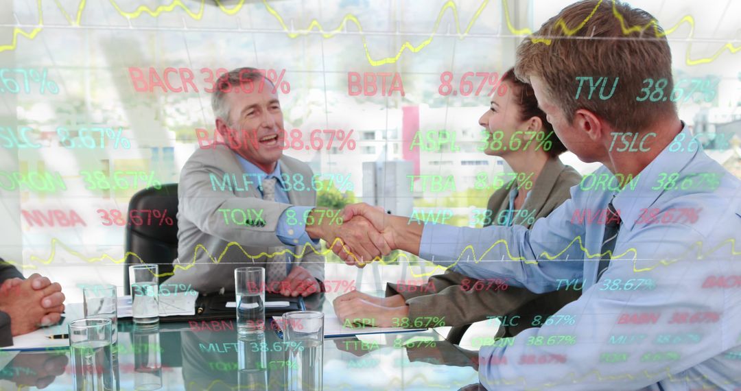 Business Meeting in Office with Stock Market Overlay - Free Images, Stock Photos and Pictures on Pikwizard.com