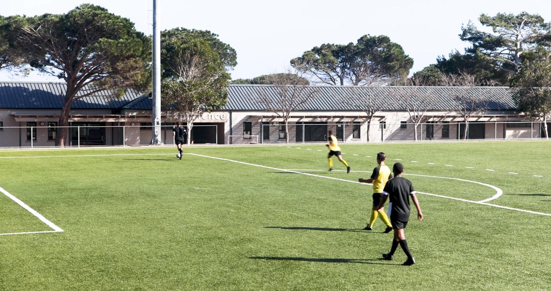 Soccer Players Practicing Teamwork on Sunlit Field