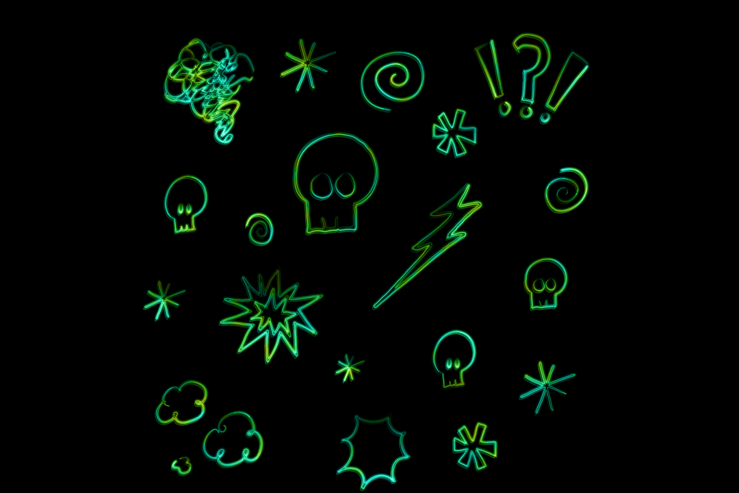 Digital Green Skulls and Expression Symbols on Transparent Background