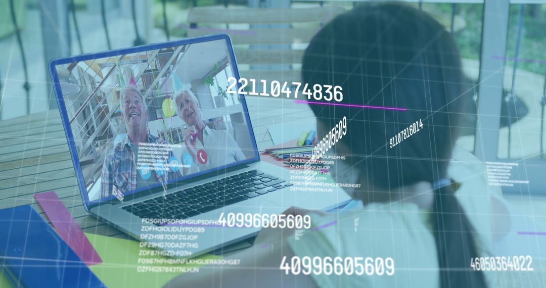 Senior Couple Video Calling with Cybersecurity Data Overlay