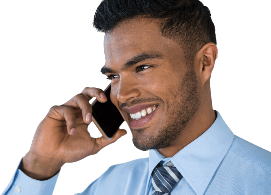 Transparent Smiling Businessman Talking on Phone With Confidence