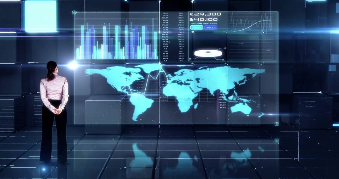 Woman Interacting with Futuristic Global Data Interface