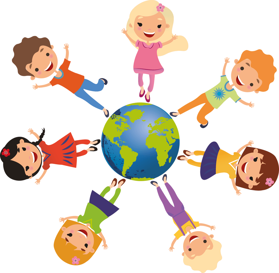 Diverse Happy Children Over World Globe Illustration on Transparent Background