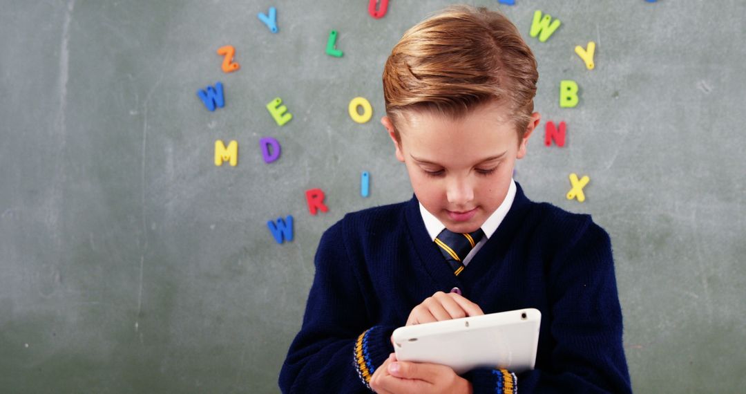 School Boy Using Tablet in Classroom with Letters on Blackboard - Free Images, Stock Photos and Pictures on Pikwizard.com