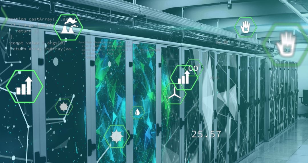 Digital Interface Over High-Tech Server Room with Data Icons