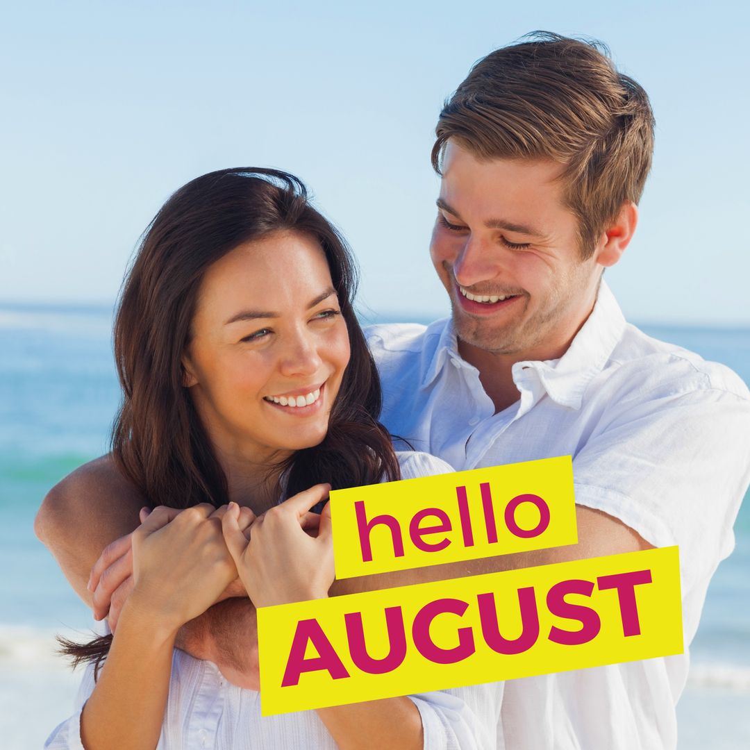Happy Couple Embracing on Beach with August Greeting