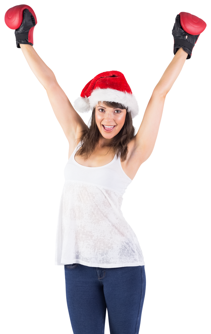 Festive Brunette Woman Cheering with Boxing Gloves and Santa Hat Transparent - Download Free Stock Images Pikwizard.com