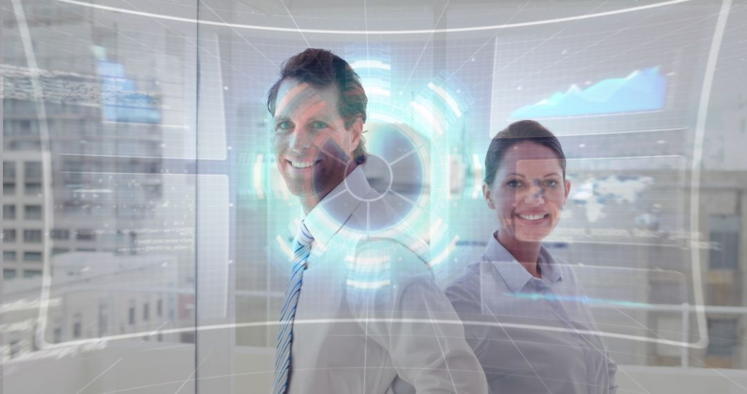 Digital Data Overlay on Smiling Business Professionals in Modern Office