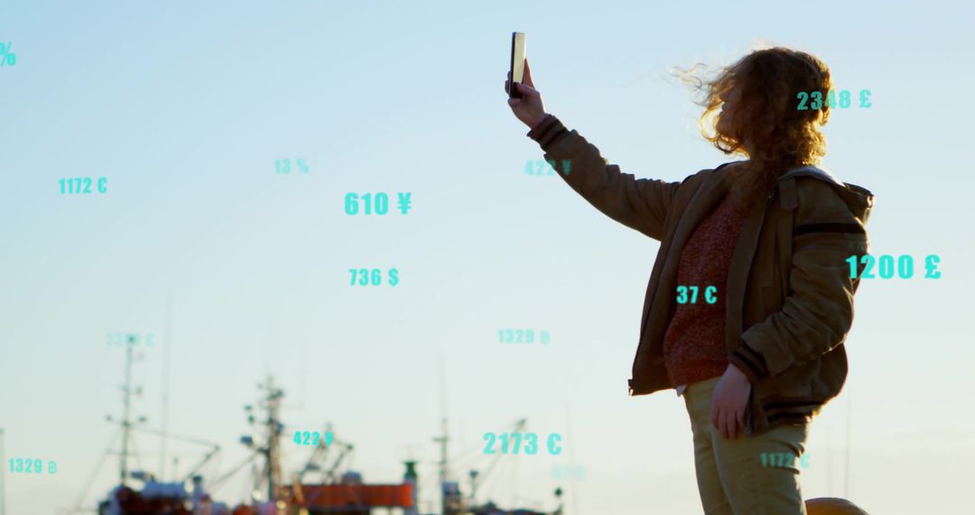 Woman Using Smartphone with Currency Symbols at Fishing Harbor