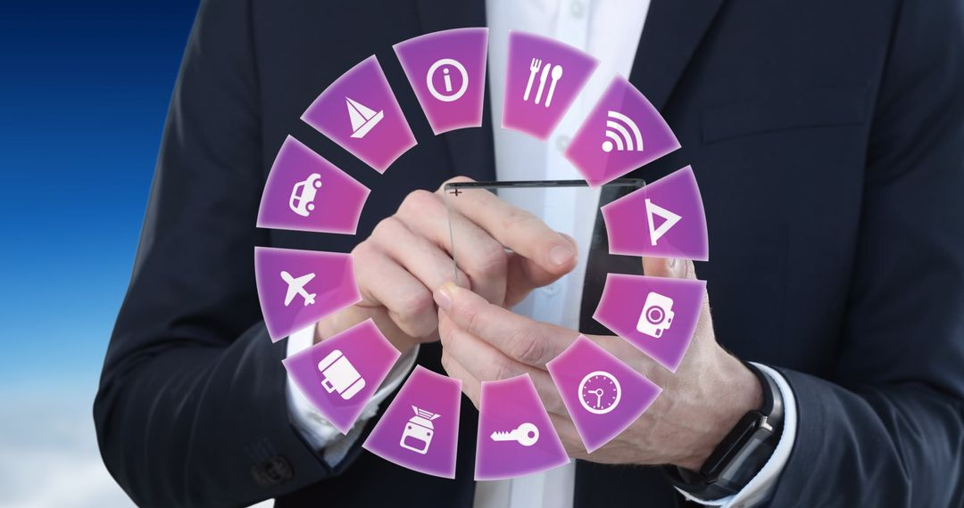 Businessman Engaging with Virtual Smartphone App Interface