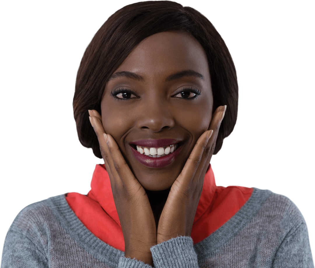 Transparent Headshot of Smiling Woman with Hands on Chin