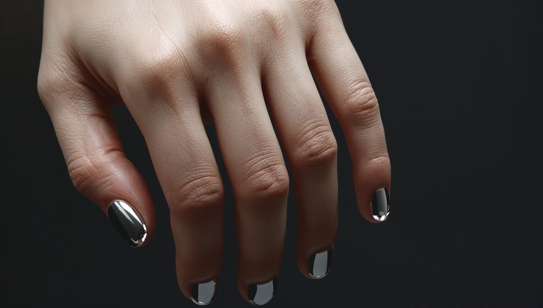 Feminine Hand Catching Soft Studio Light with Chrome Mirror Nails and Glossy Skin Texture