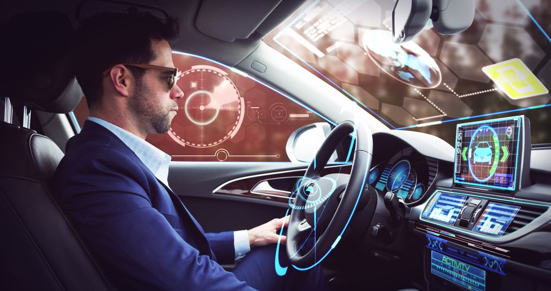 Businessman Using Futuristic Interface in Self-Driving Car