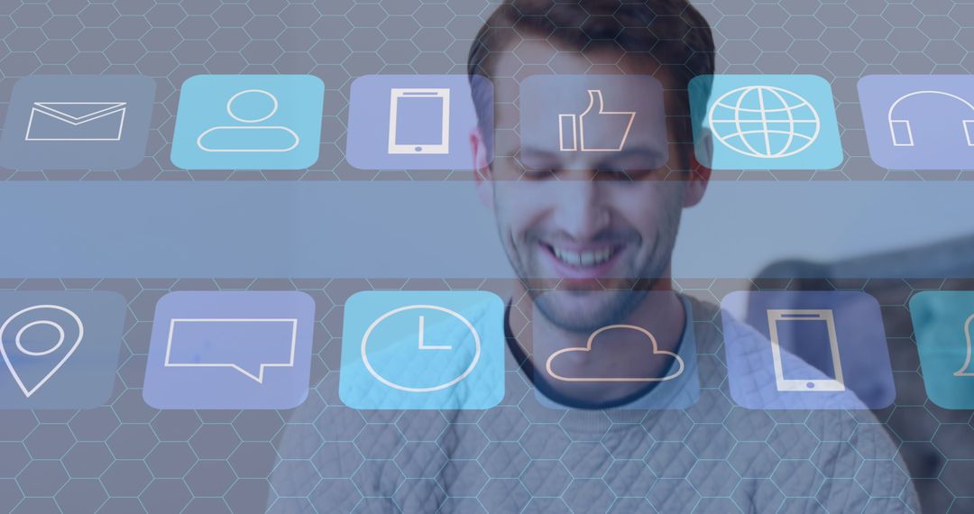 Smiling Colleague Engaging with Floating Digital Icons Overlay