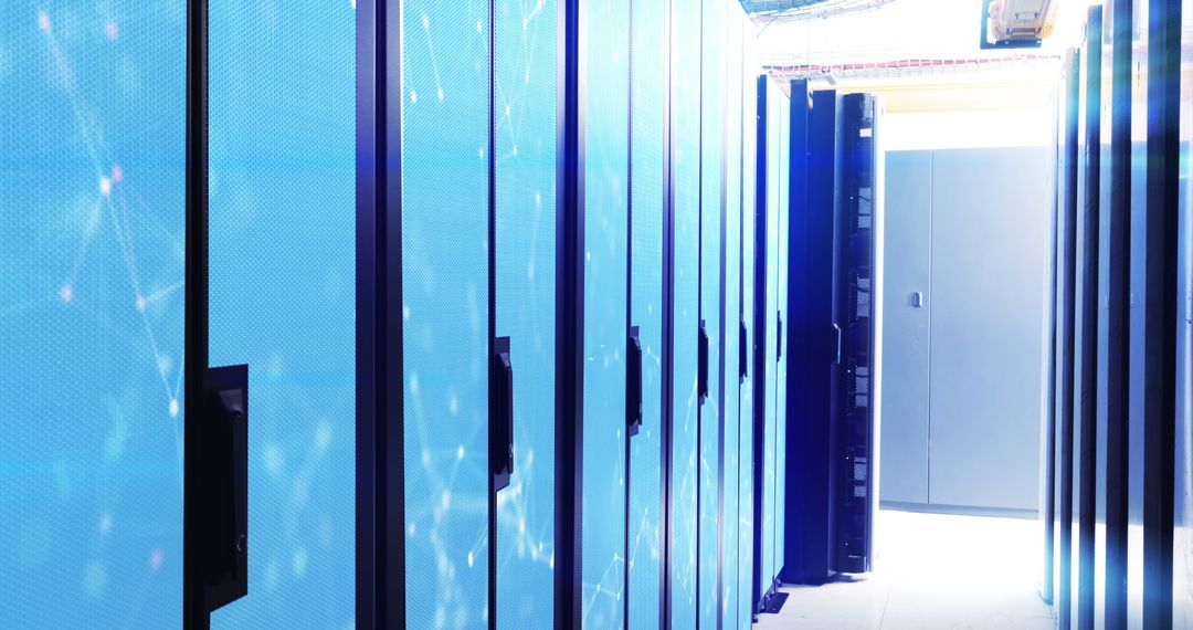 Futuristic Server Room with Digital Interface and Blue Lights