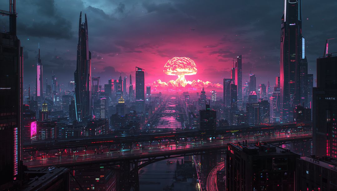 Futuristic Cyberpunk Cityscape with Dystopian Explosion