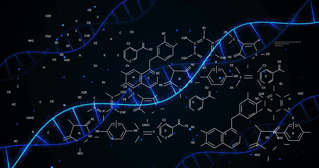 DNA Strand with Molecular Structures and Data Particles Background