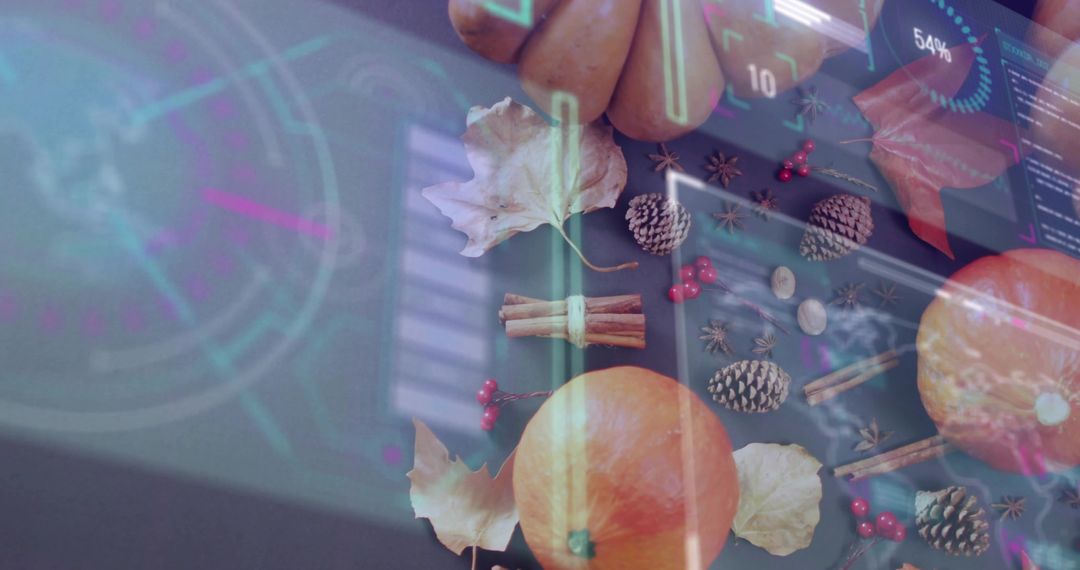 Displaying autumn flatlay with pumpkins, pine cones and cinnamon overlaid with AR HUD