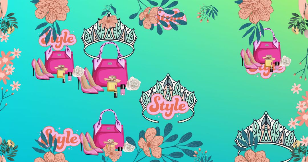 Fashion Accessories Pattern with Crowns and Flowers on Green Gradient