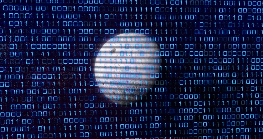 Binary code overlaying moon-like planet concept
