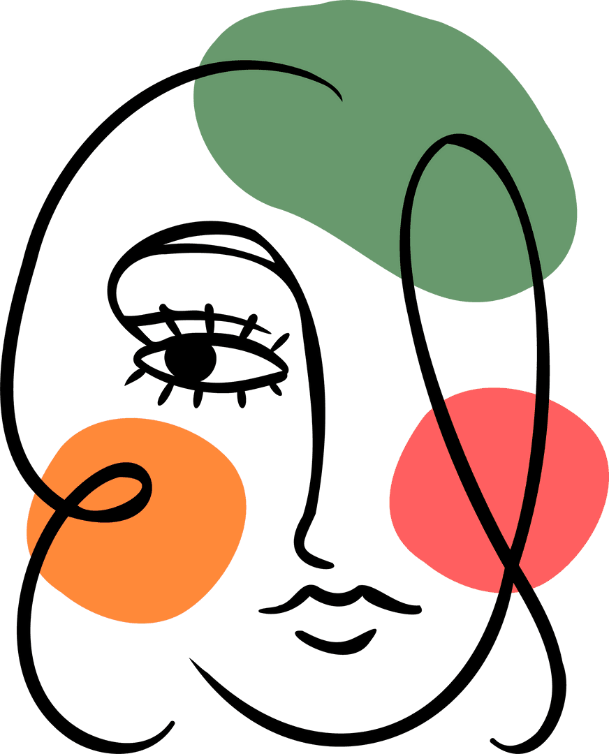 Abstract Line Art Face with Color Accents on Transparent Background