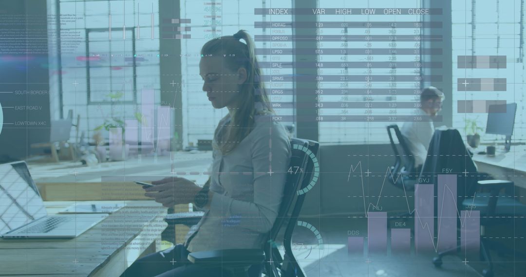 Businesswoman Using Smartphone with Data Visualizations Overlay