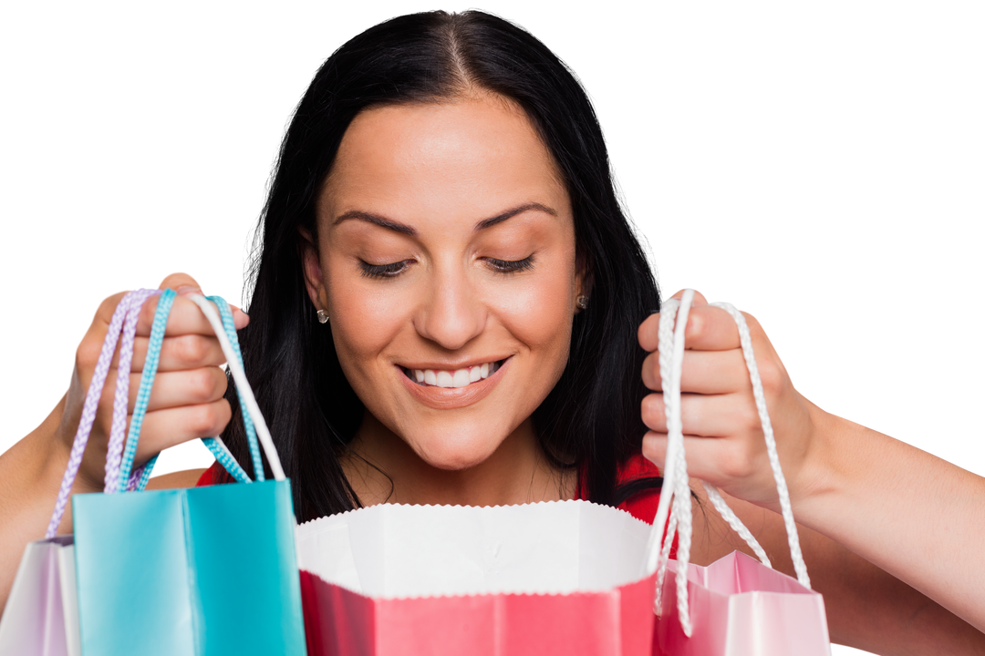 Smiling Woman Looking Into Shopping Bags On Transparent Background - Download Free Stock Images Pikwizard.com