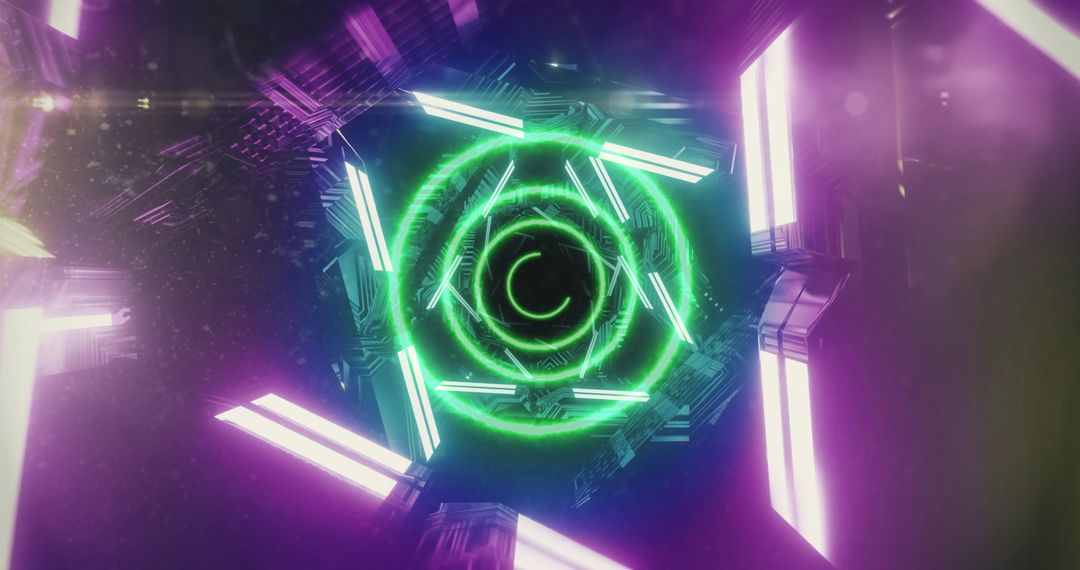 Abstract Neon Loop with Green Circular Lights and Spin Effect