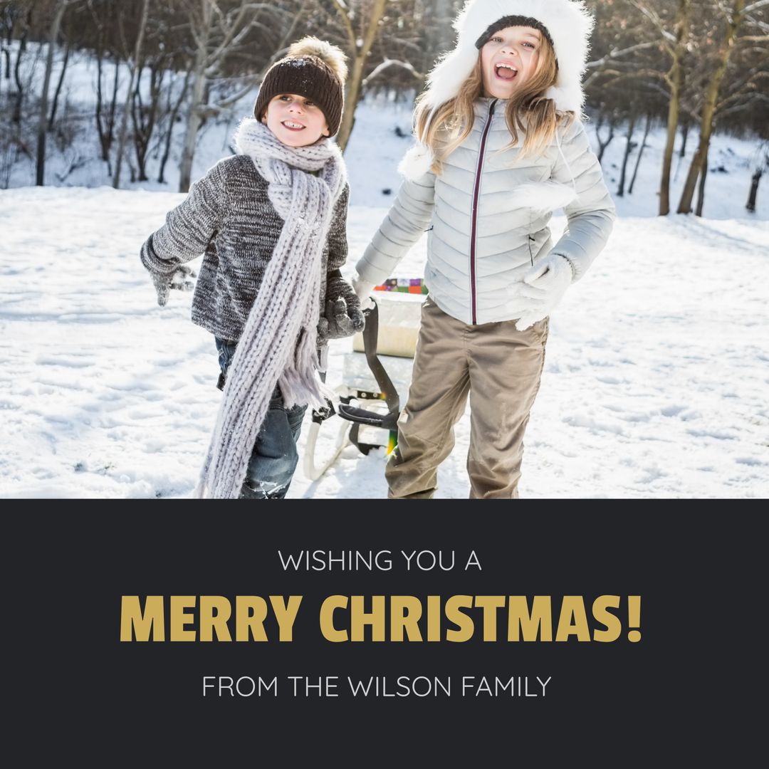 Festive Joyful Children Playing in Snow with Merry Christmas Message