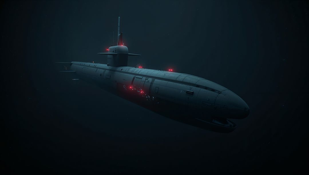 Stealth Military Submarine Gliding in Deep Ocean Darkness with Red Navigation Lights
