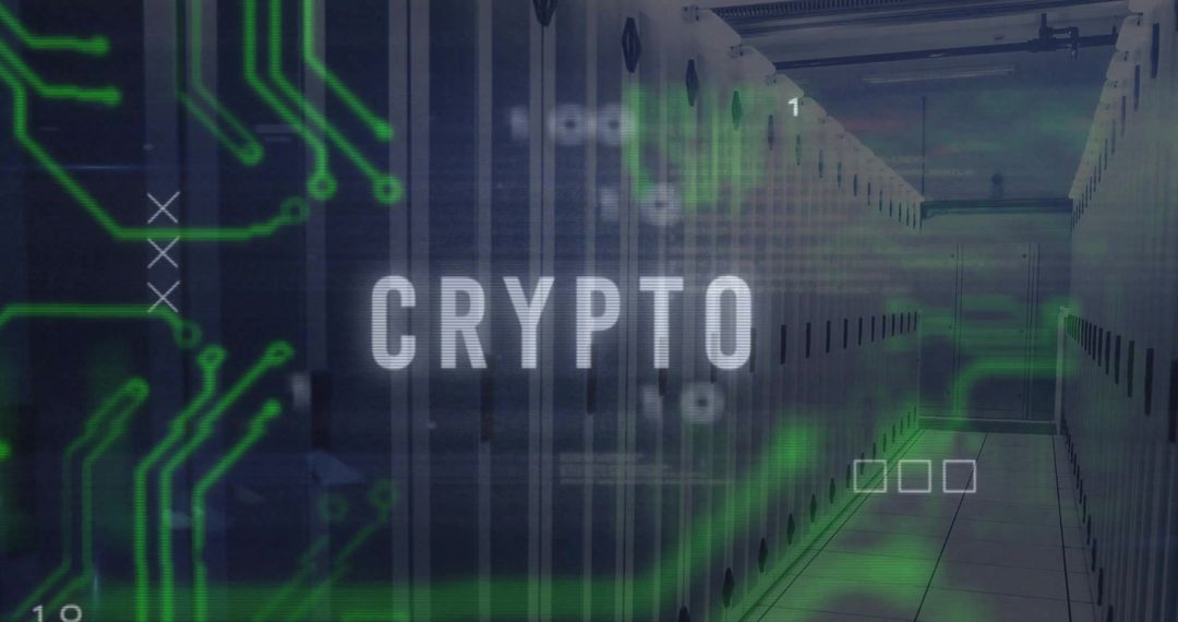 Crypto Data Center Aisle with HUD Overlay, Server Racks, Circuitry, Cybersecurity Theme