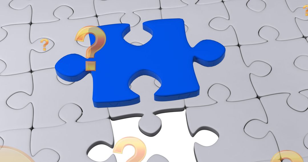 Blue Puzzle Piece with Question Marks and White Background Concept