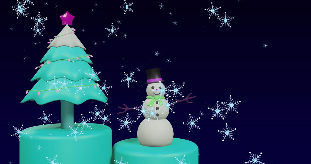 Snowflakes Falling on Festive Christmas Tree and Snowman