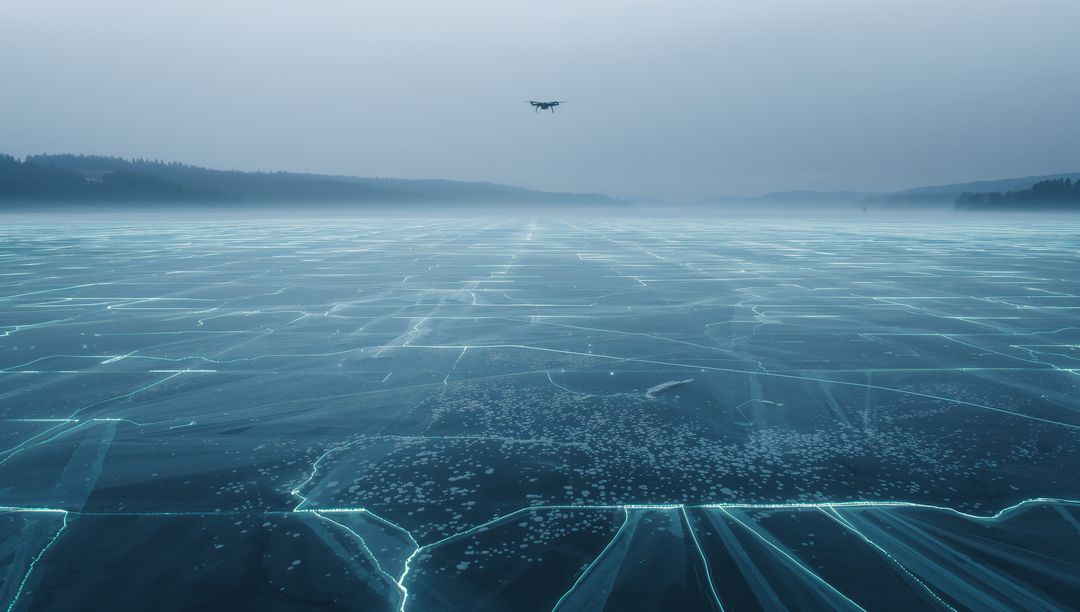 Hovering drone surveying frozen lake with glowing cyan ice cracks and misty trees