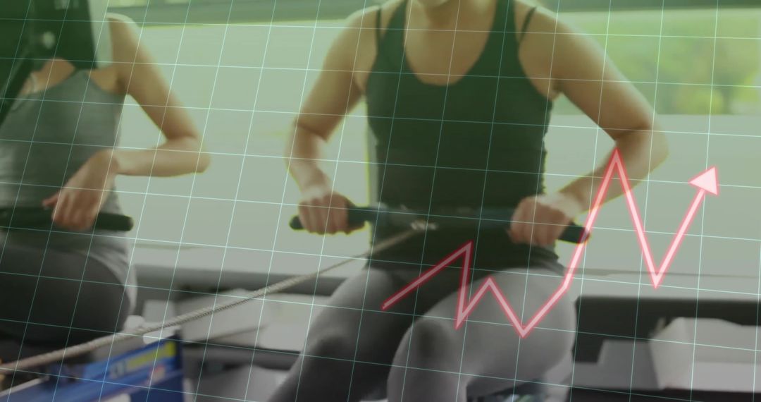 Women Exercising on Rowing Machine with Performance Tracker Overlay