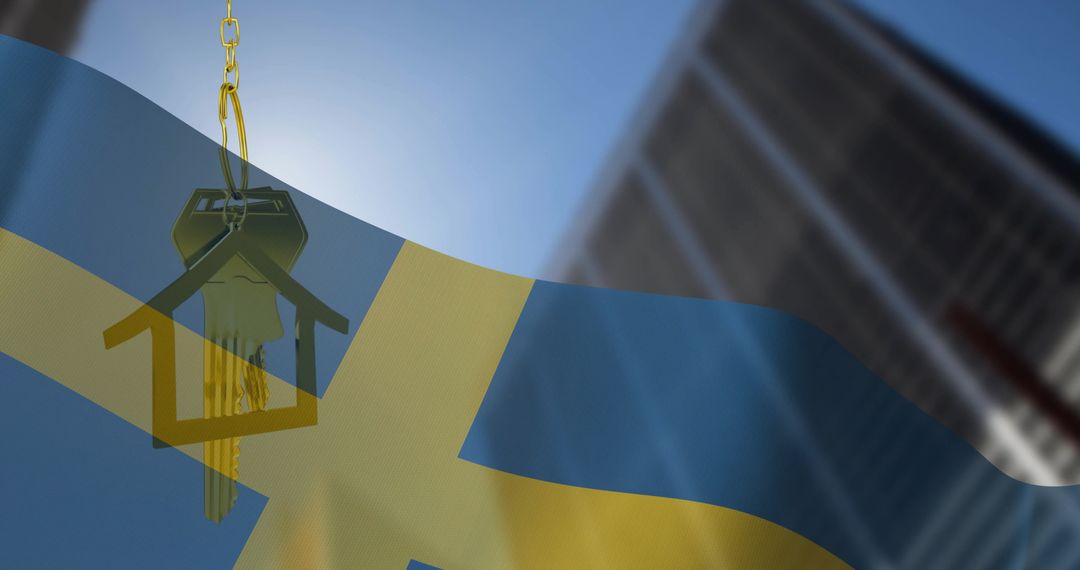 House Key on Swedish Flag with Urban Background