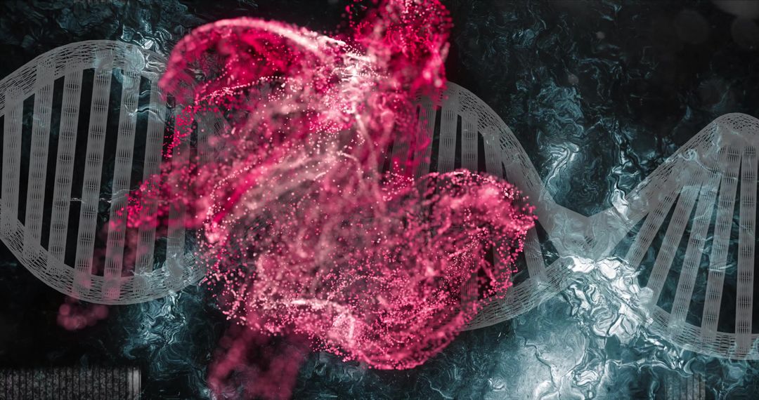 Dynamic DNA Strand with Red Particle Swirl