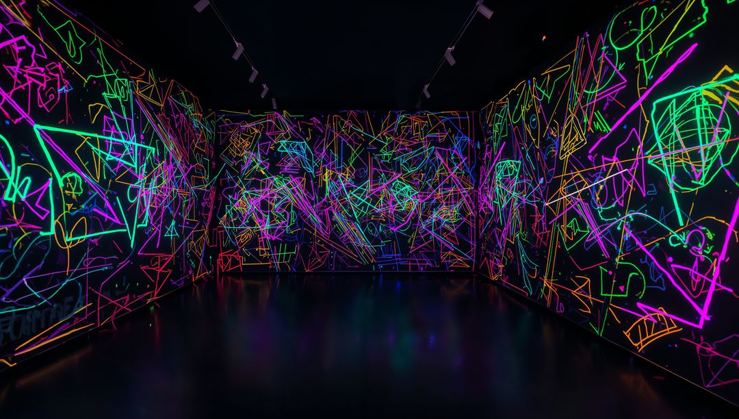 Neon Graffiti Immersive Space with Multicolor Geometric Light Projections and Reflections