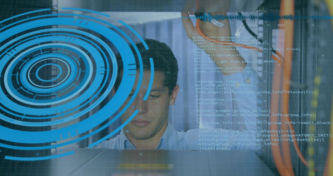 Technician Configuring Network Infrastructure with Digital Overlay