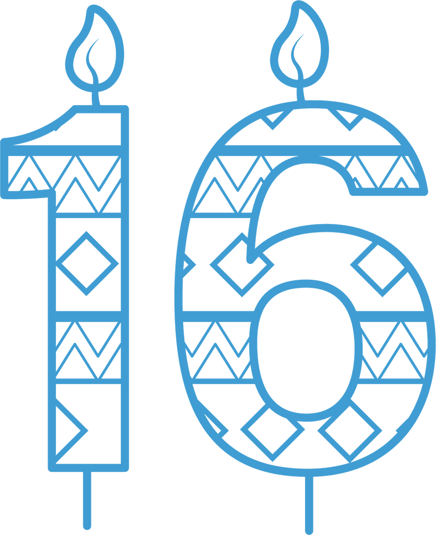 Blue Patterned Birthday Candle Number 16 on Transparent Background