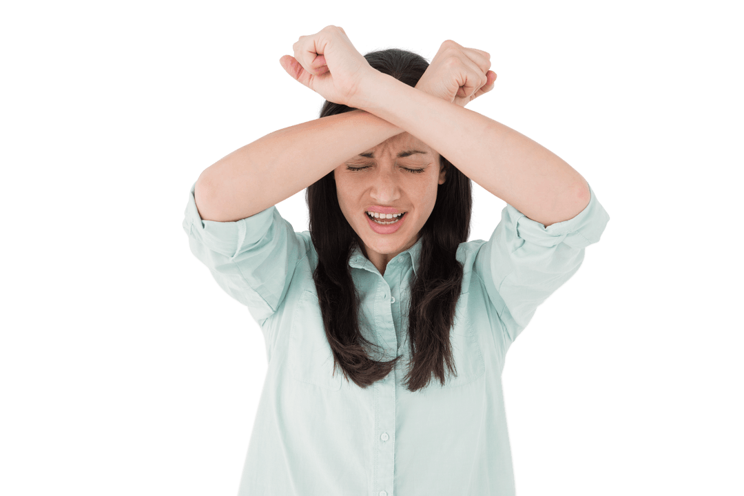 Focused Caucasian Woman Crossing Arms on Transparent Background