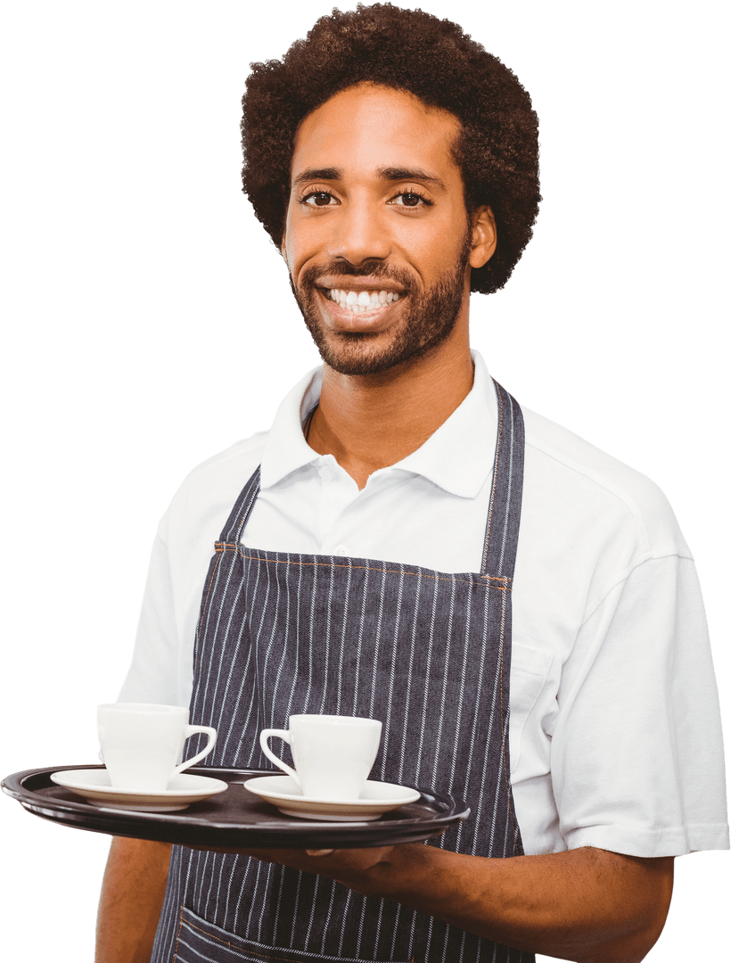Smiling Waiter Holding Coffee Tray on Transparent Background