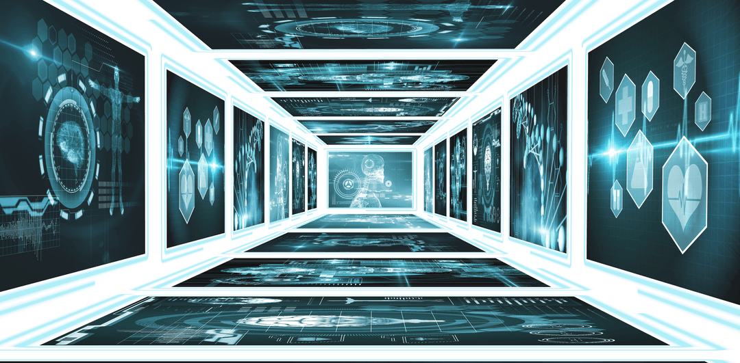 Futuristic Data Interface with Transparent Screens Illustration