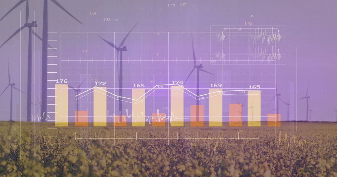 Renewable Energy Trends with Wind Turbines and Data Overlay