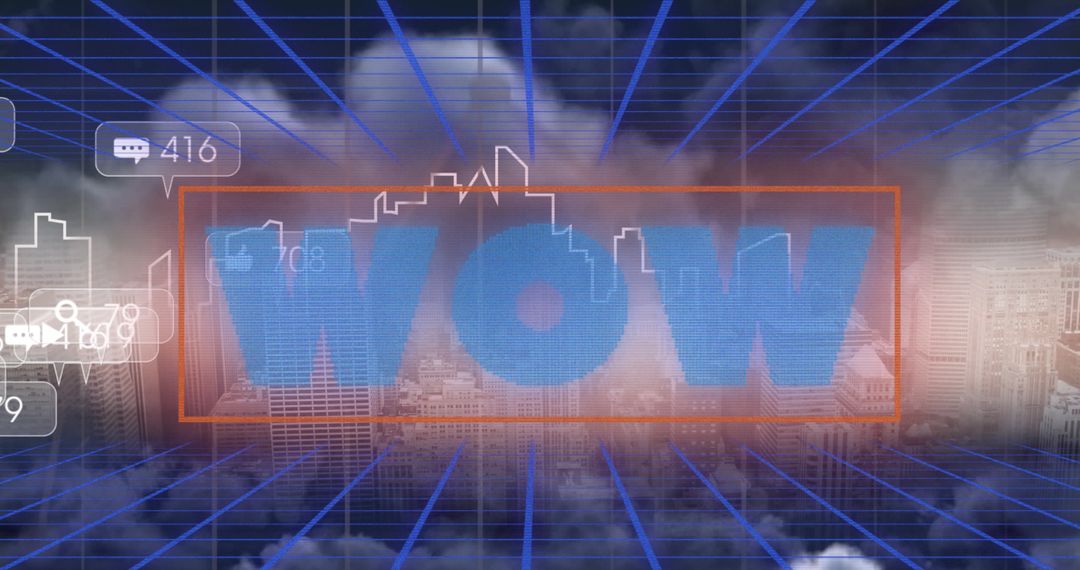 Digital World: Wow Text Overlay on Urban Cityscape