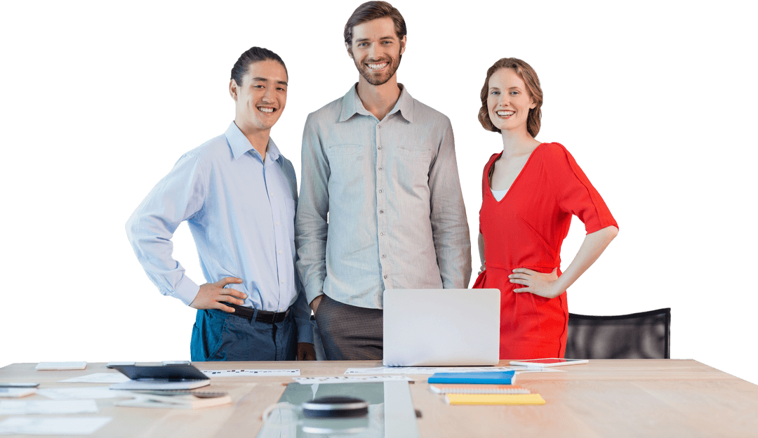 Confident Business Team Standing by Transparent Table in Modern Office