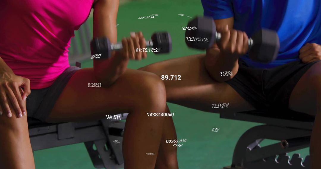 Couple performing bicep curls on bench with hex dumbbells and fitness data overlay