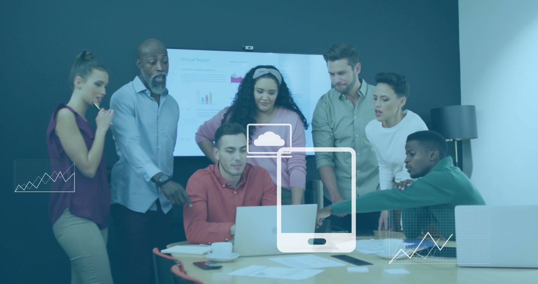 Diverse Team Collaborating with Data Visualization Interface