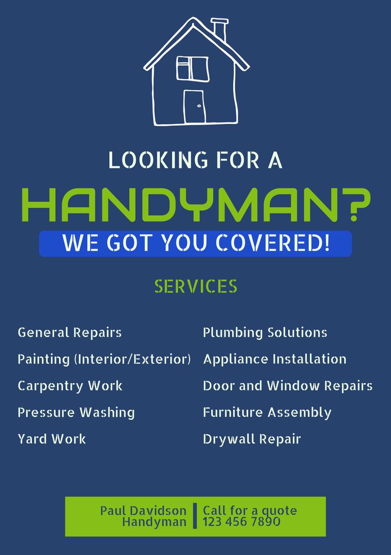 Handyman Services Advertisement with Contact Information and Bold House Graphic - Download Free Stock Templates Pikwizard.com