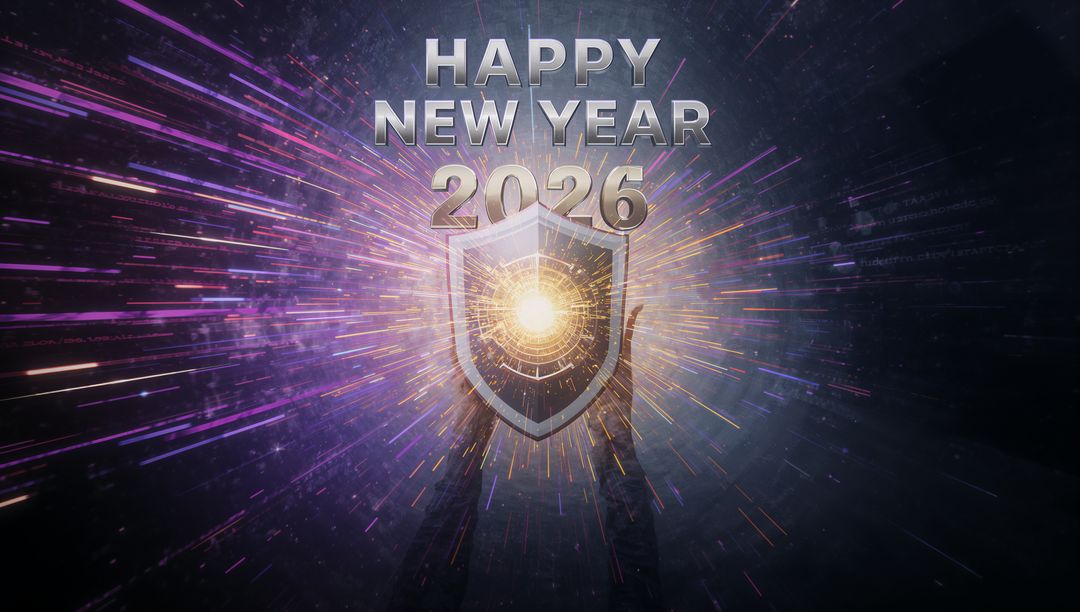 Radiating Shield Emblem Celebrating Happy New Year 2026 Futuristic Cyber Core Sparks